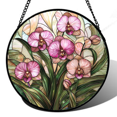 Front view of AMDERVEN 15-inch Pink Phalaenopsis Orchid Stained Glass Suncatcher
