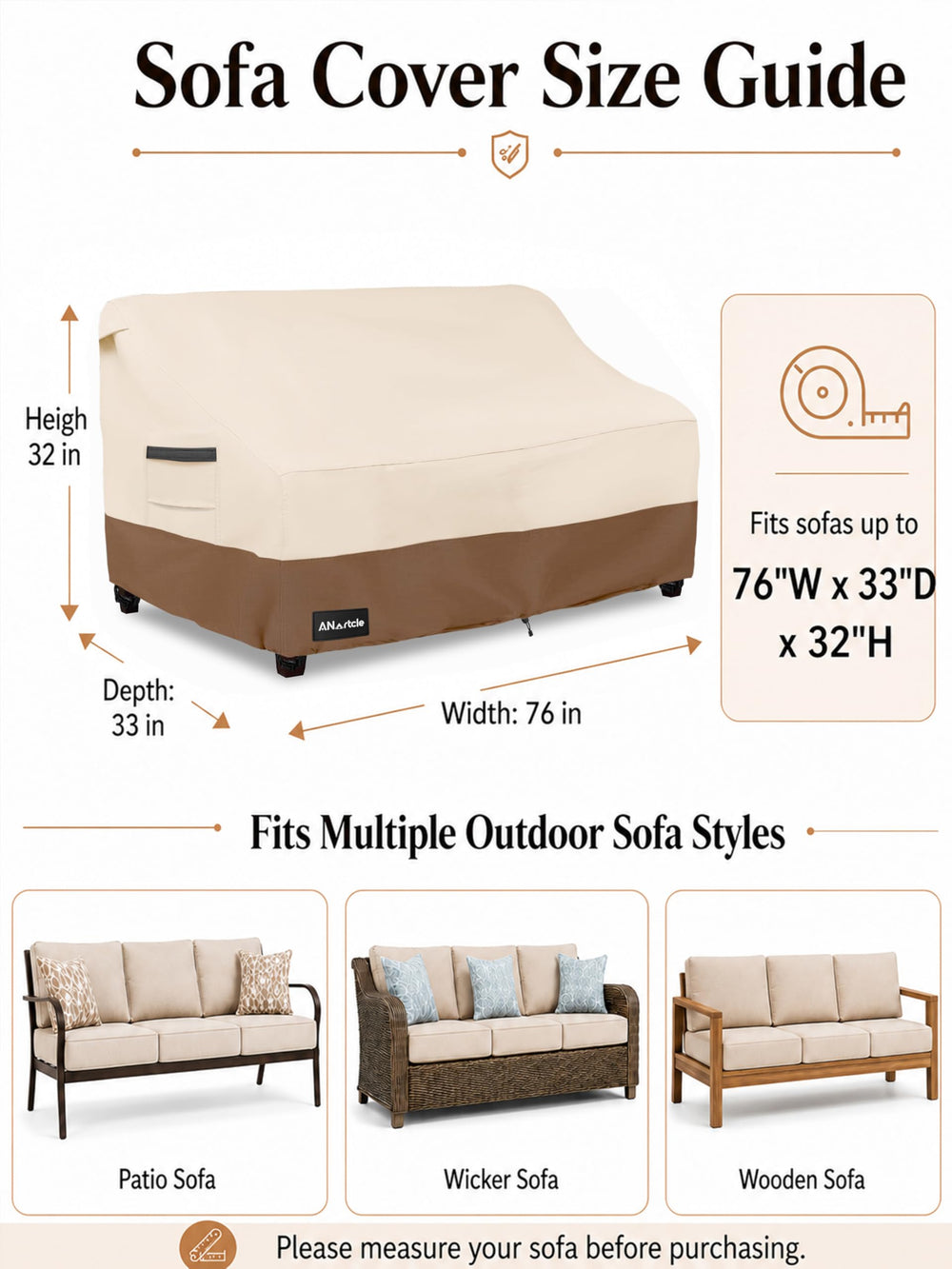 Front view of ANartcle Patio Sofa Cover 76W x 32.5D x 33H