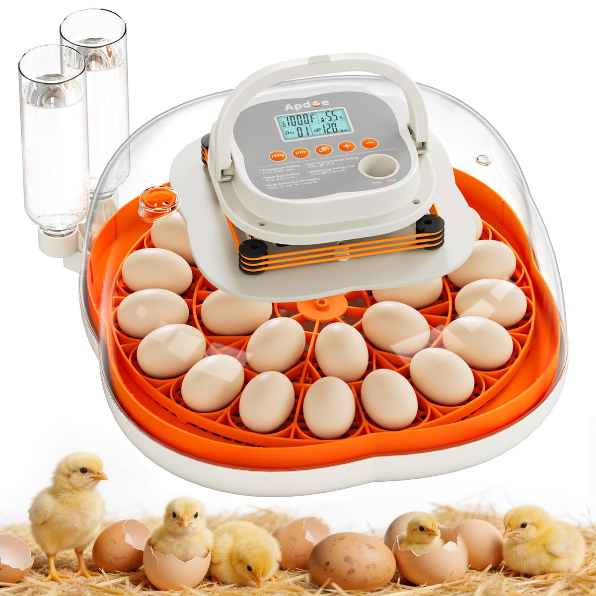 Front view of Apdoe 25 Egg Incubator with display