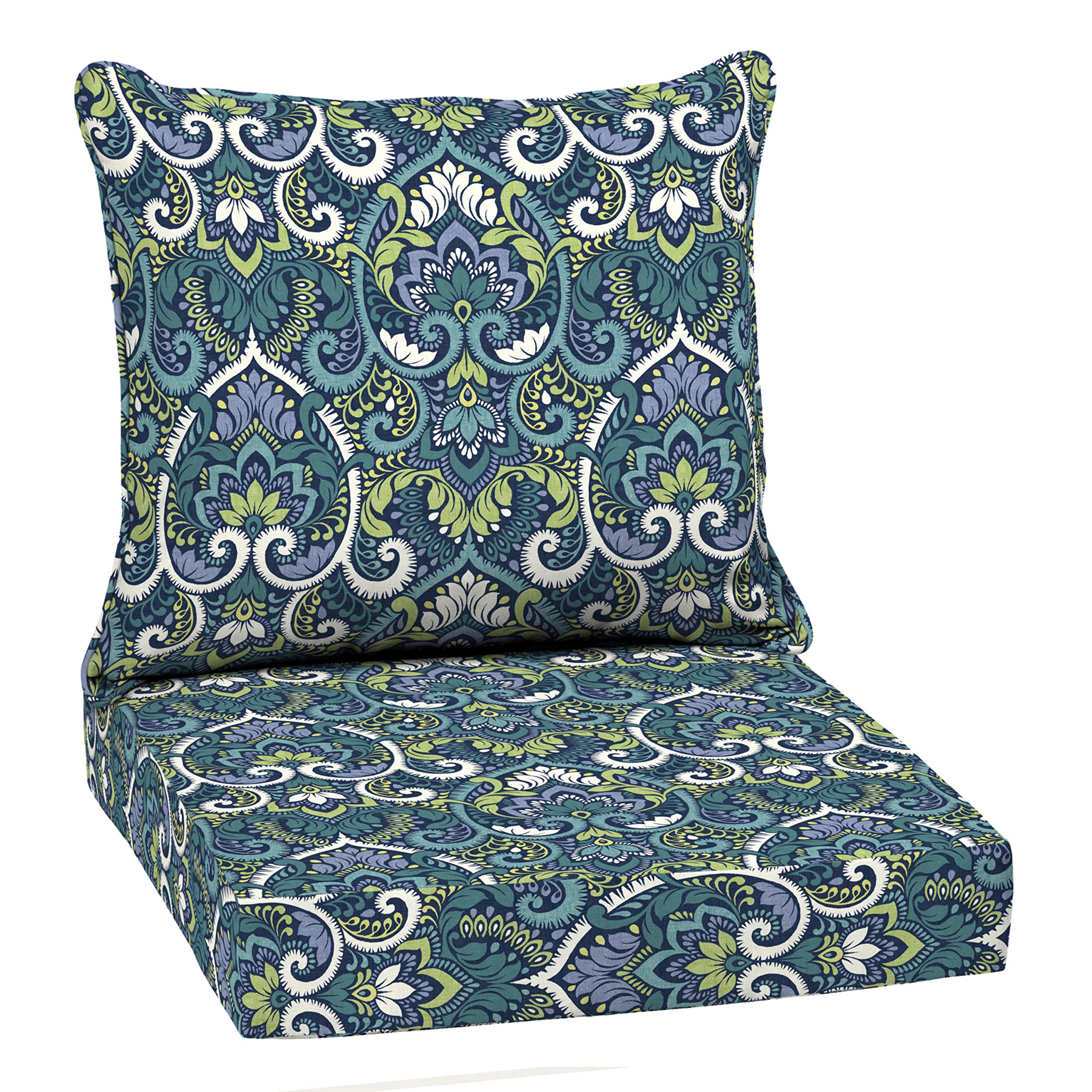 Front view of Arden Outdoor Deep Seat Cushion Set in Blue Damask