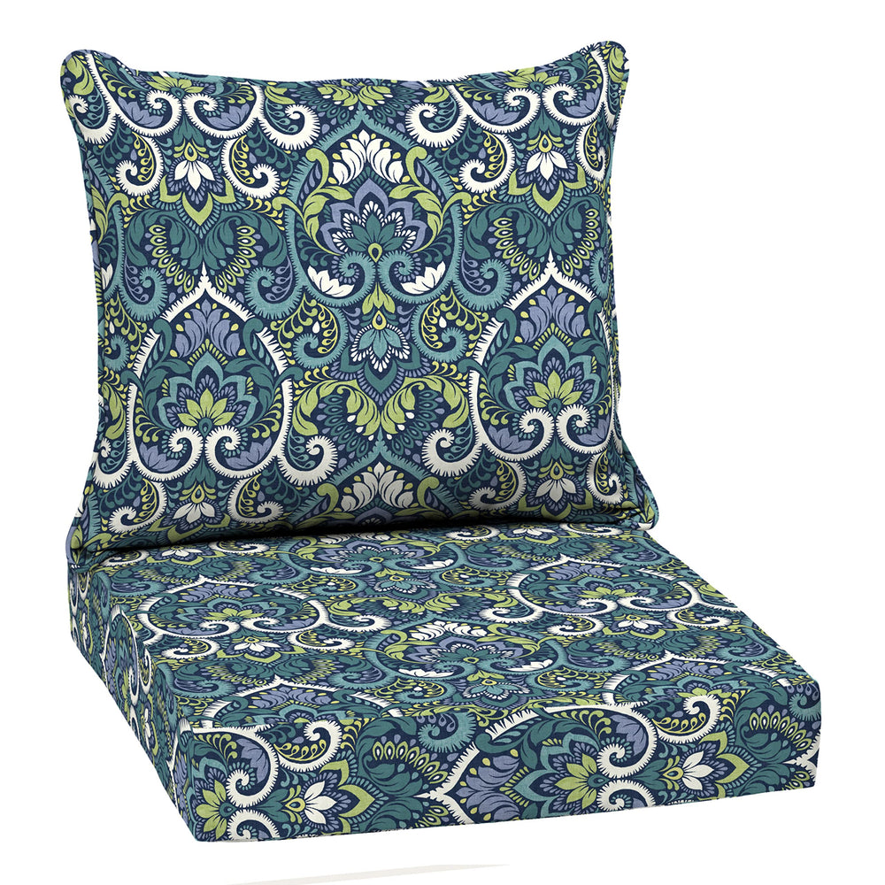 Front view of Arden Outdoor Deep Seat Cushion Set in Blue Damask