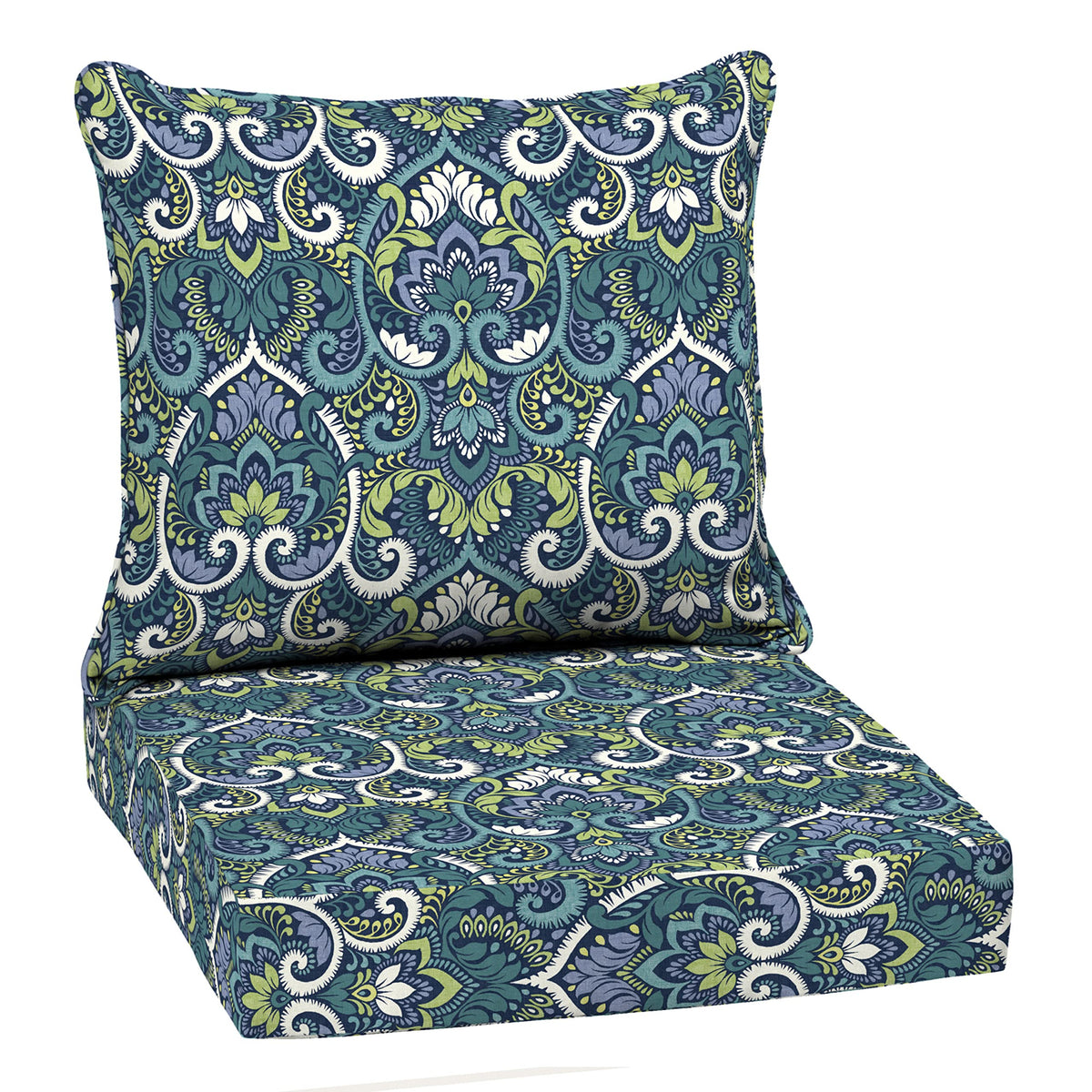 Front view of Arden Outdoor Deep Seat Cushion Set in Blue Damask