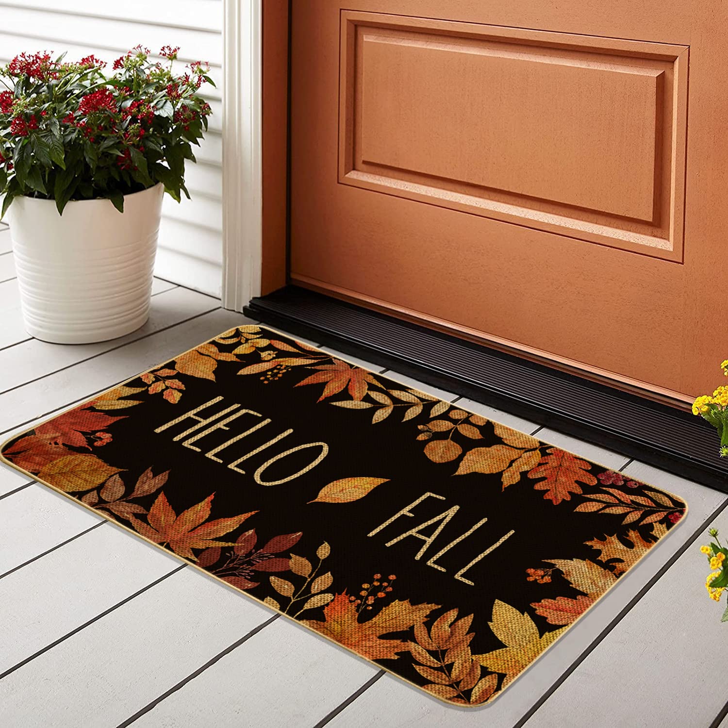 Front view of ARTDMT Hello Fall Maple Leaves Doormat, brown with autumn leaves pattern
