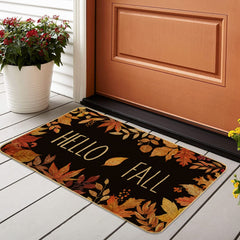 Front view of ARTDMT Hello Fall Maple Leaves Doormat, brown with autumn leaves pattern
