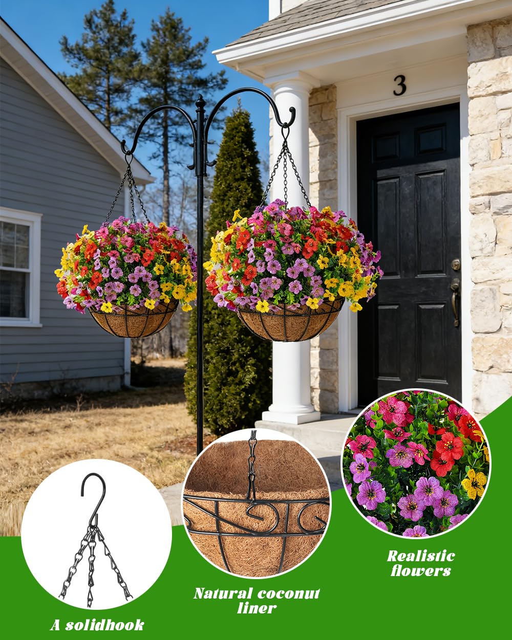 Front view of artificial hanging flowers with vibrant colours