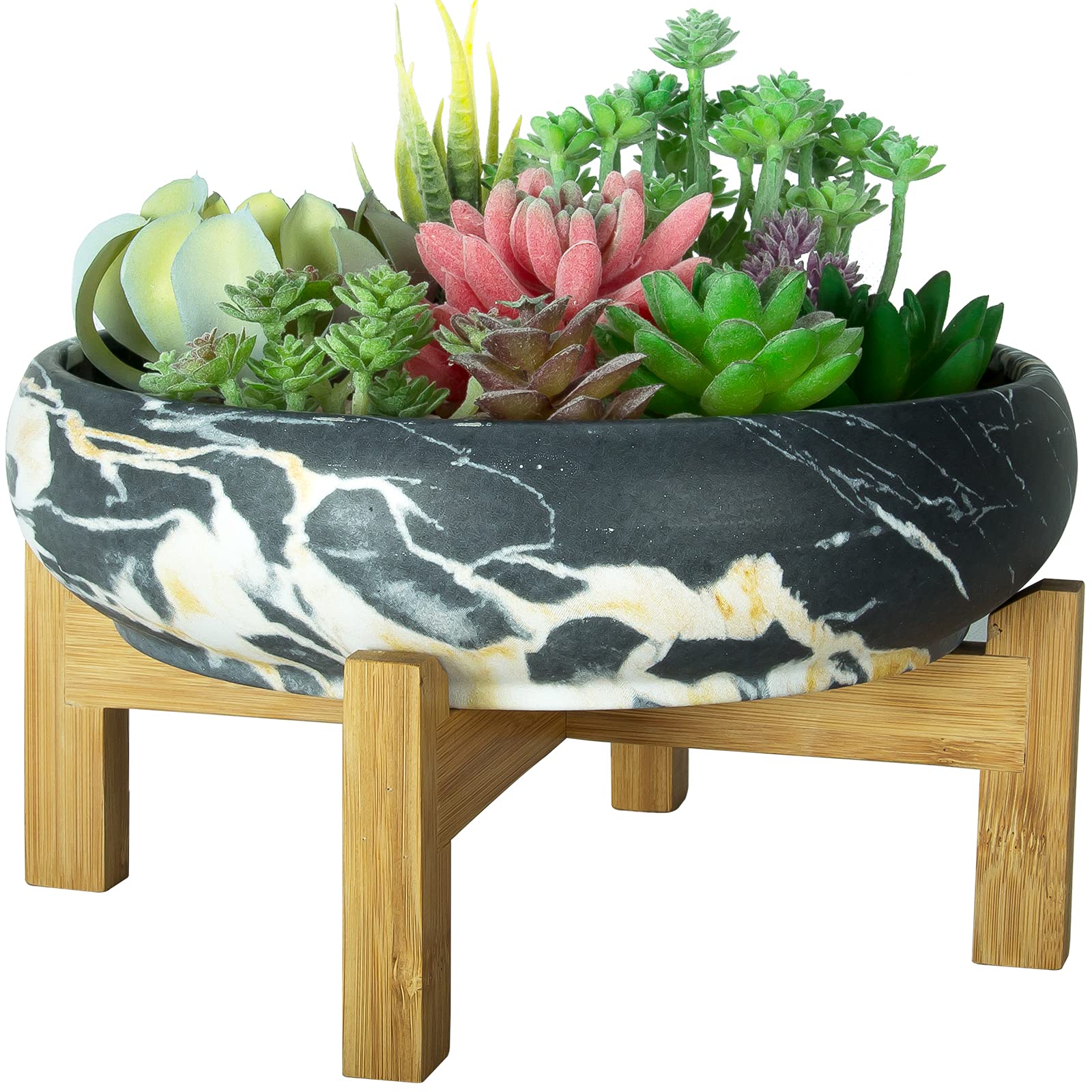 Front view of ARTKETTY 10 Inch succulent pot with bamboo stand