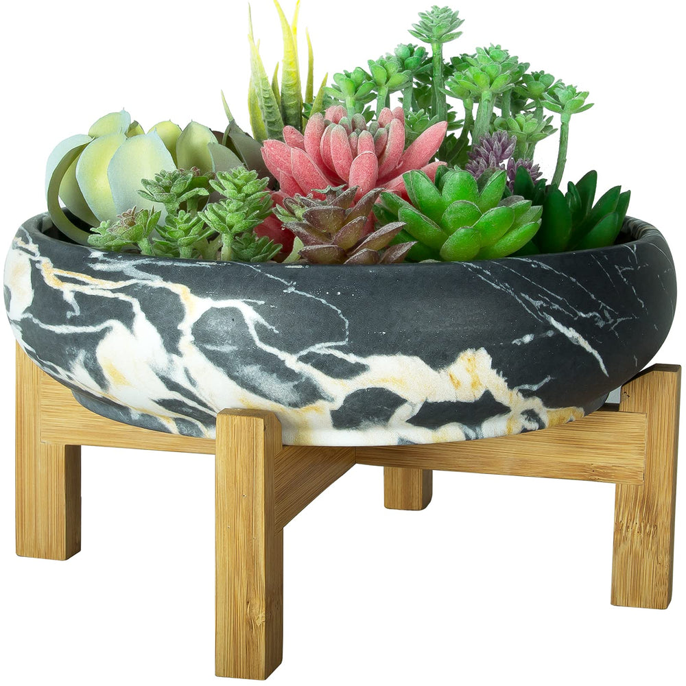 Front view of ARTKETTY 10 Inch succulent pot with bamboo stand