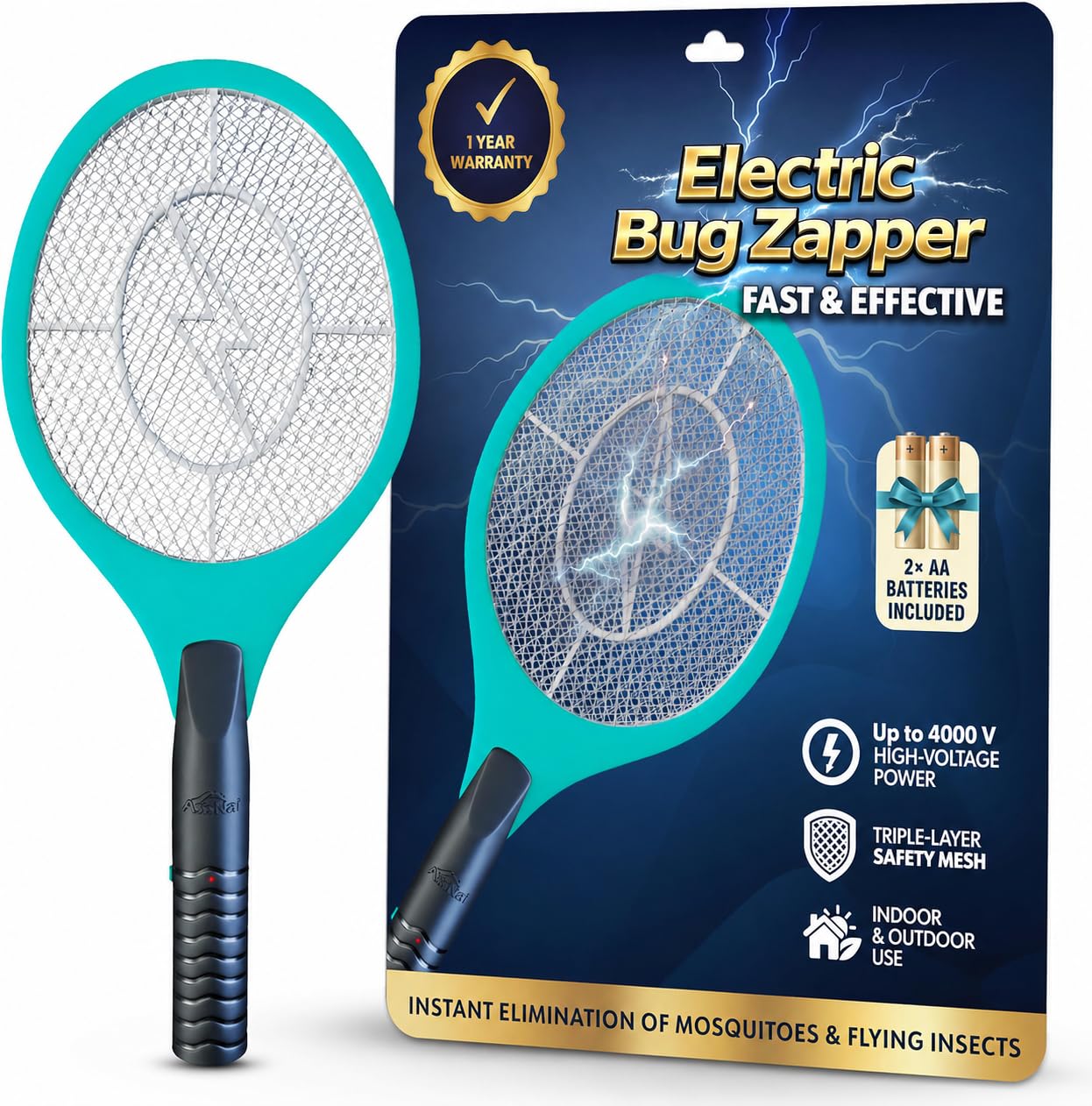 Front view of ASISNAI Bug Zapper Racket, turquoise colour with high-voltage grid