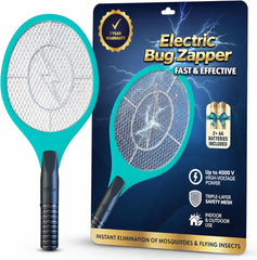 Front view of ASISNAI Bug Zapper Racket, turquoise colour with high-voltage grid