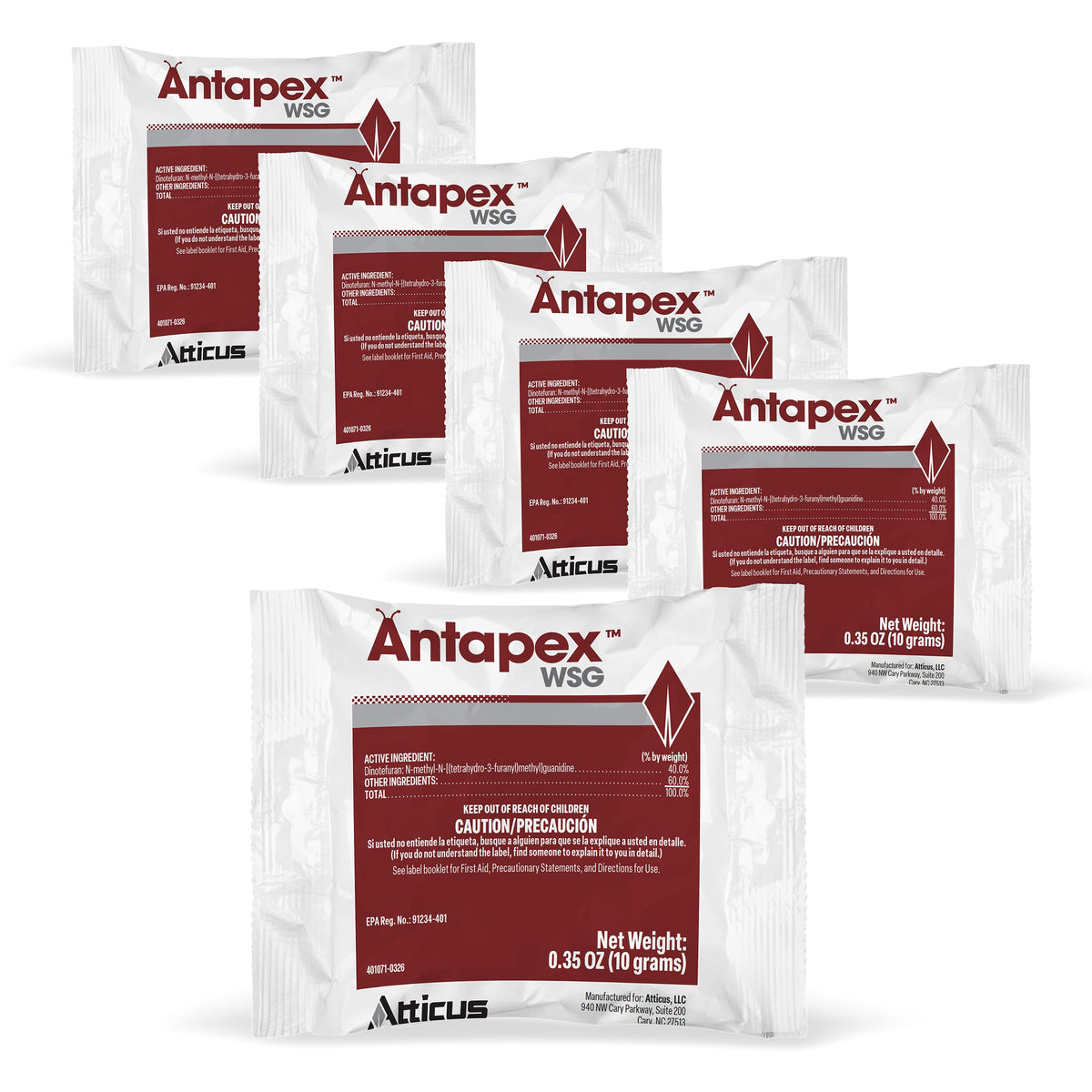 Front view of Atticus Antapex WSG Insecticide packets
