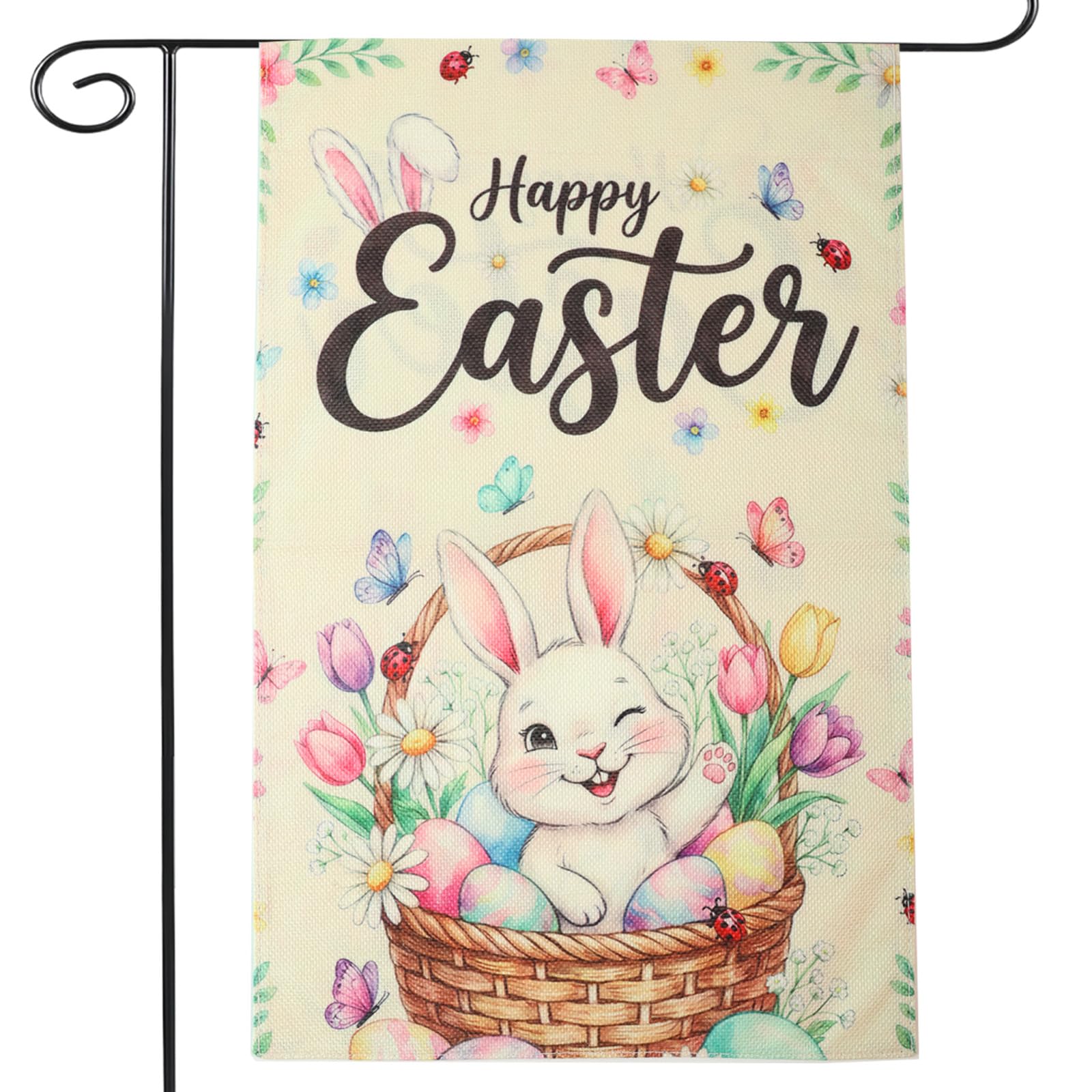 Front view of BANANABROTHER Easter Garden Flag featuring a winking bunny