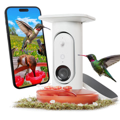 Front view of Bird Buddy Solar Hummingbird Feeder in red and white
