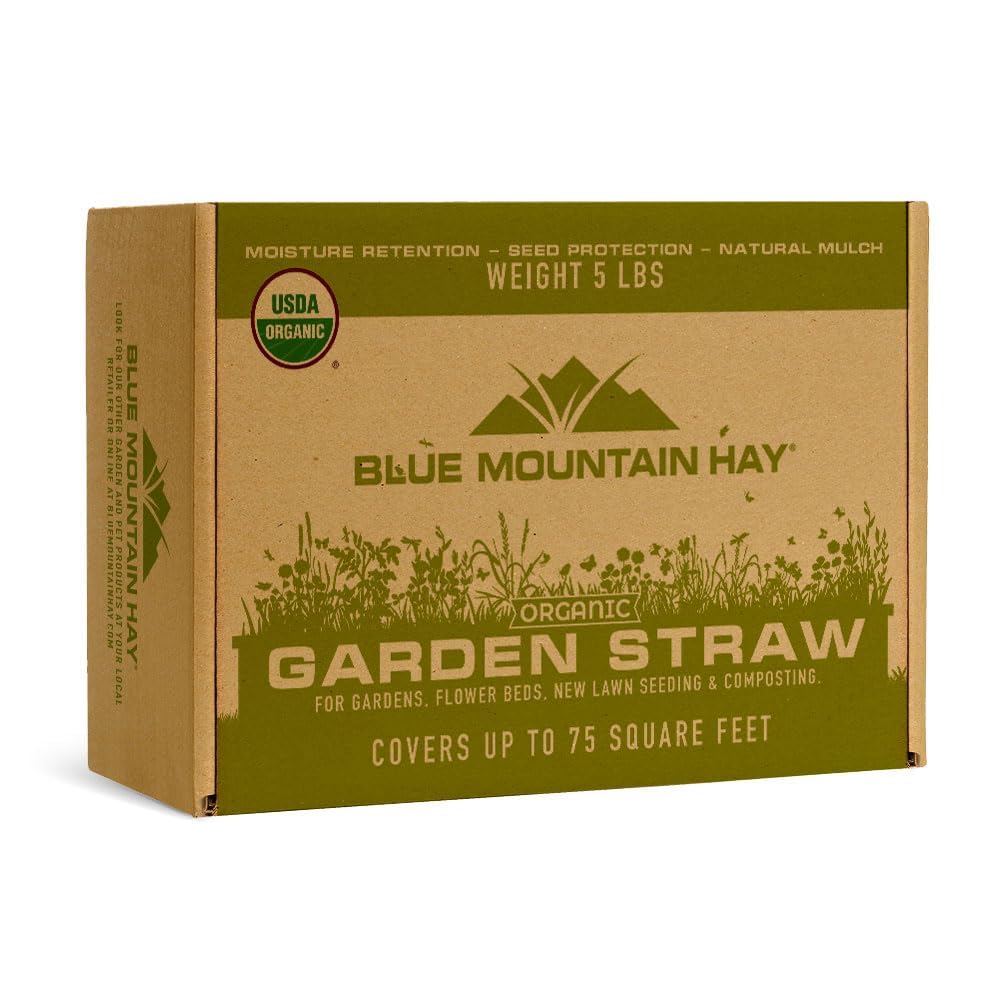 Front view of Blue Mountain Hay Organic Garden Straw Mulch 5lb packaging