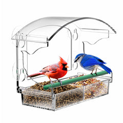 Front view of BPYOT Clear Acrylic Window Bird Feeder with suction cups