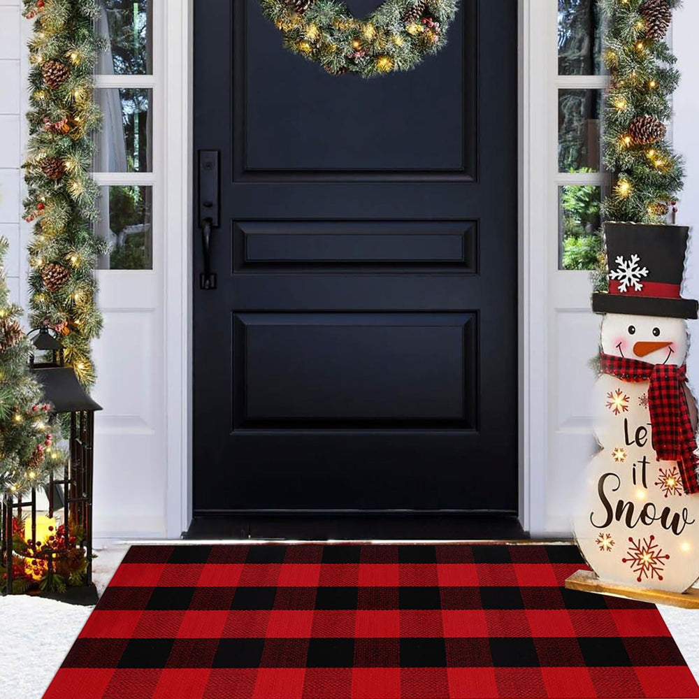 Front view of CAINANEL Christmas Door Mat in red and black plaid