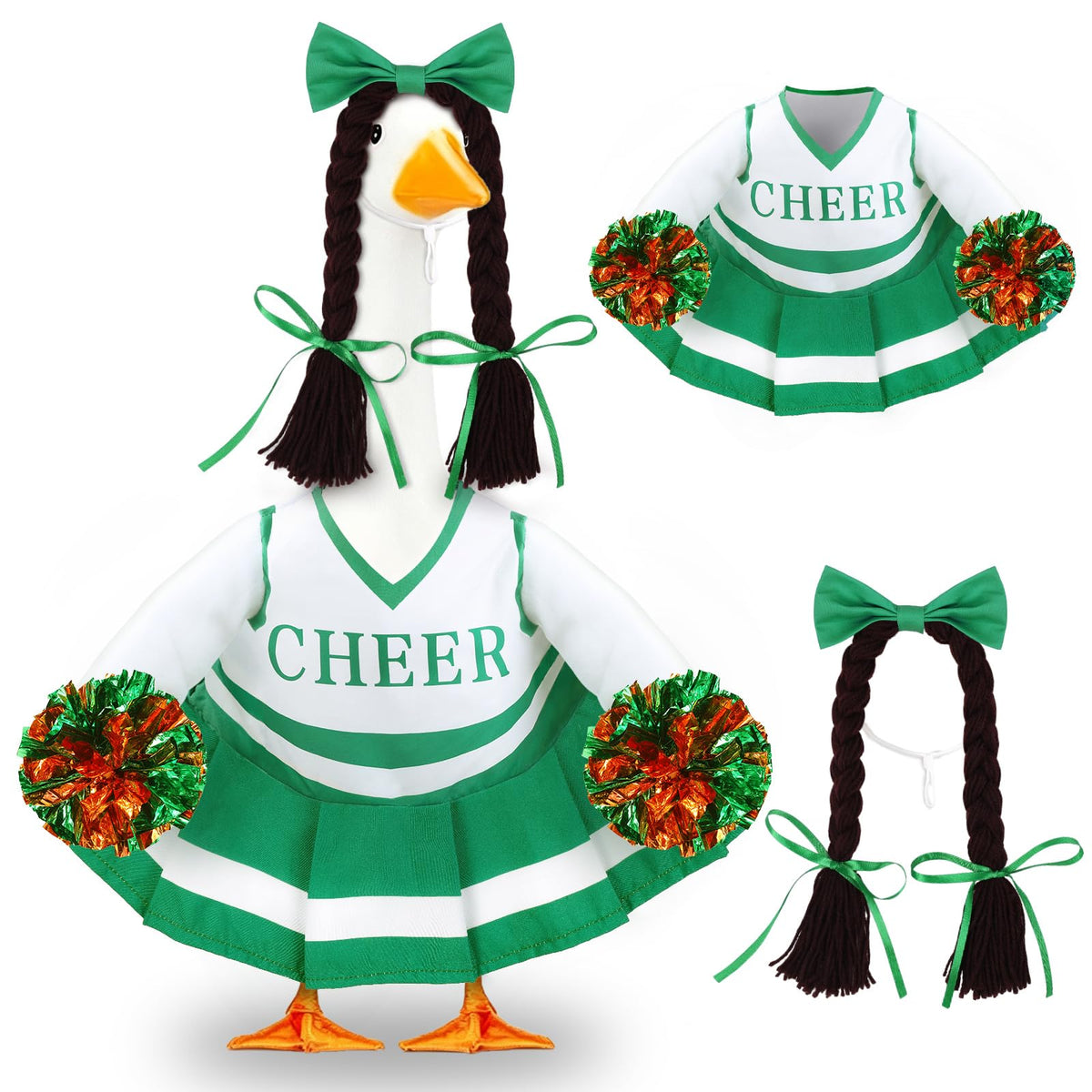 Front view of Celltestria Cheerleader Goose Outfit in green with yellow wig