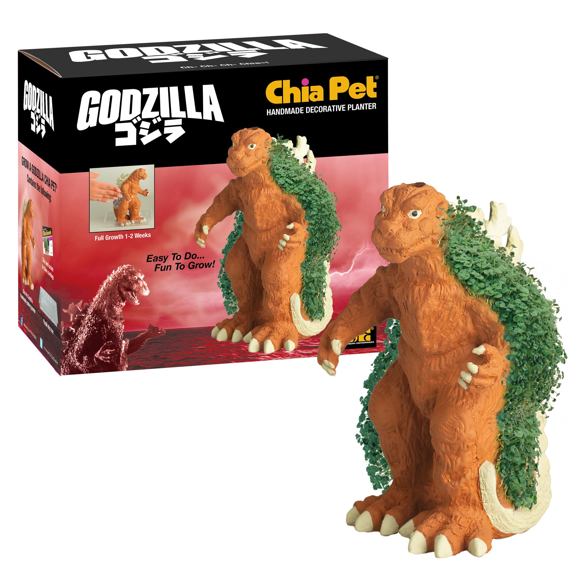 Front view of Chia Pet Godzilla terracotta planter with seeds