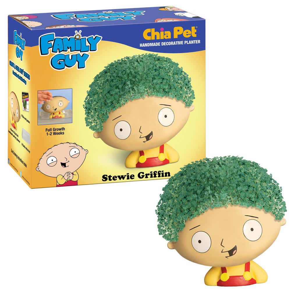 Front view of Chia Stewie Chia Pet terracotta planter