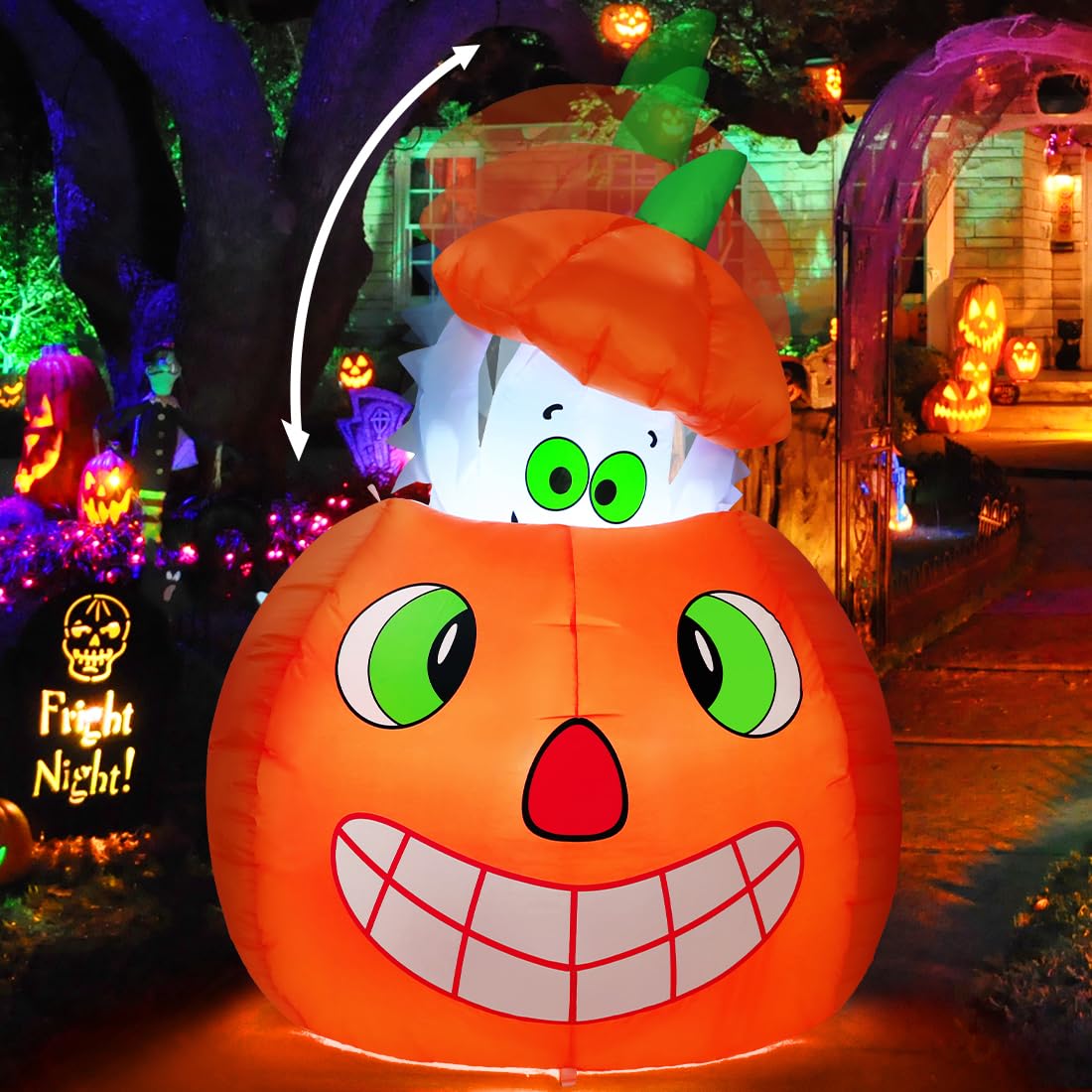 Front view of COMIN 5 FT Animated Pumpkin Ghost Inflatable