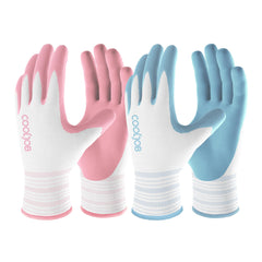 Front view of COOLJOB gardening gloves in Sakura Pink and Light Blue