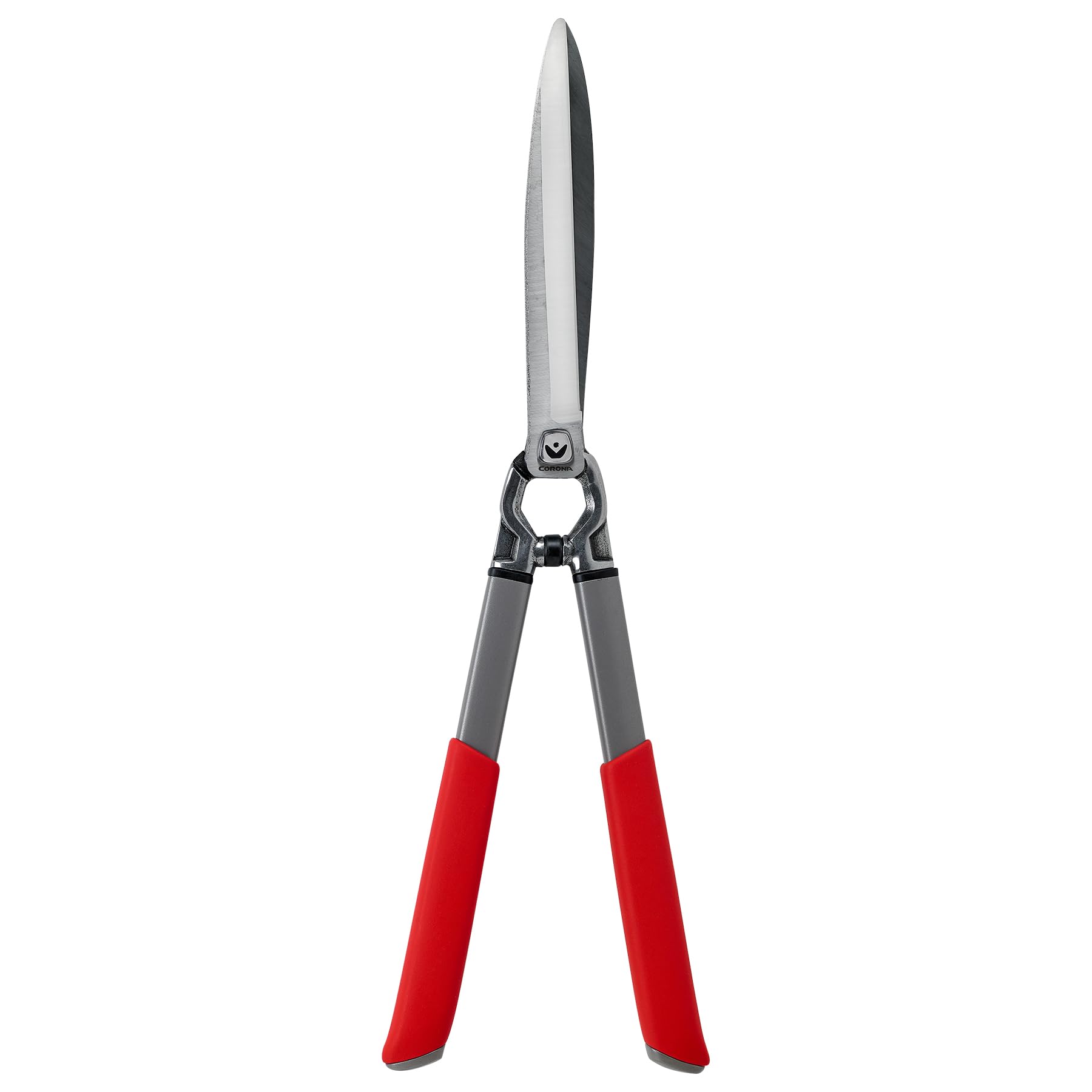 Front view of Corona Clipper 10-inch hedge shears with red handles