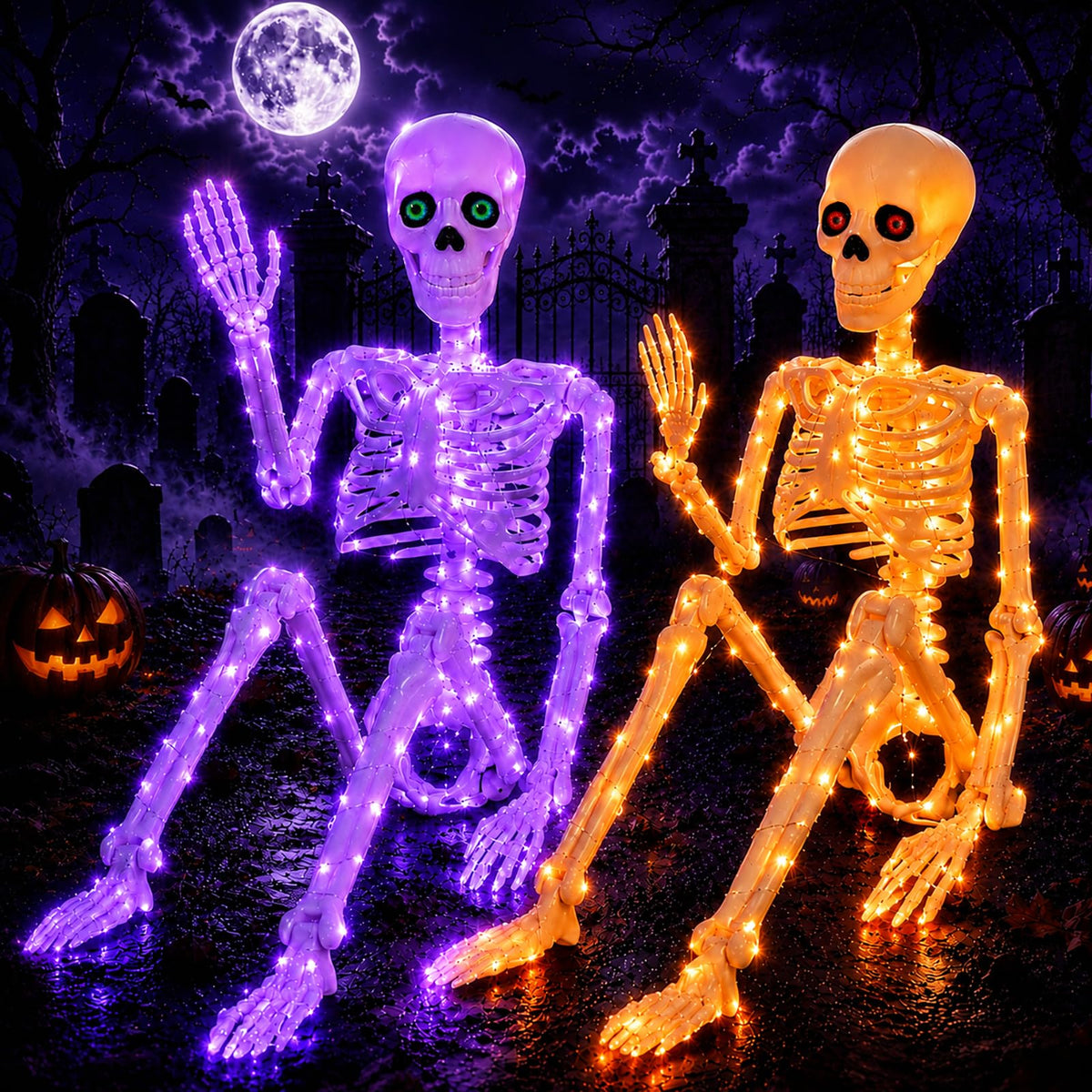 Front view of daboot Halloween skeleton with orange and purple lights