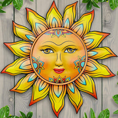 Front view of Daogtc Metal Sun Flower Wall Decor with warm tones