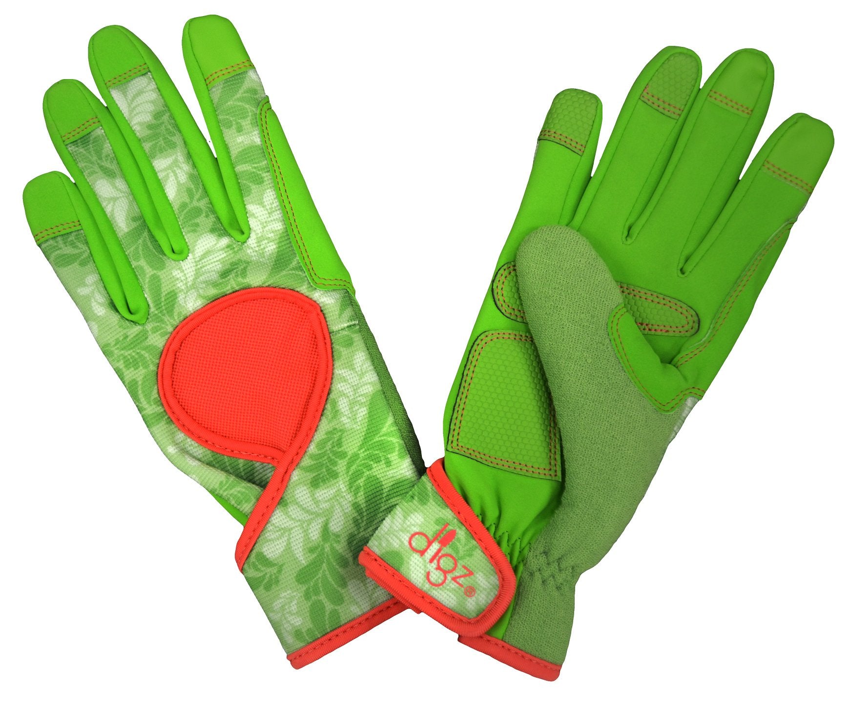 Front view of DIGZ Gardening Gloves in green leaves pattern