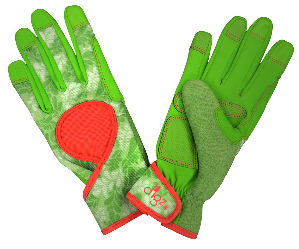 Front view of DIGZ Gardening Gloves in green leaves pattern