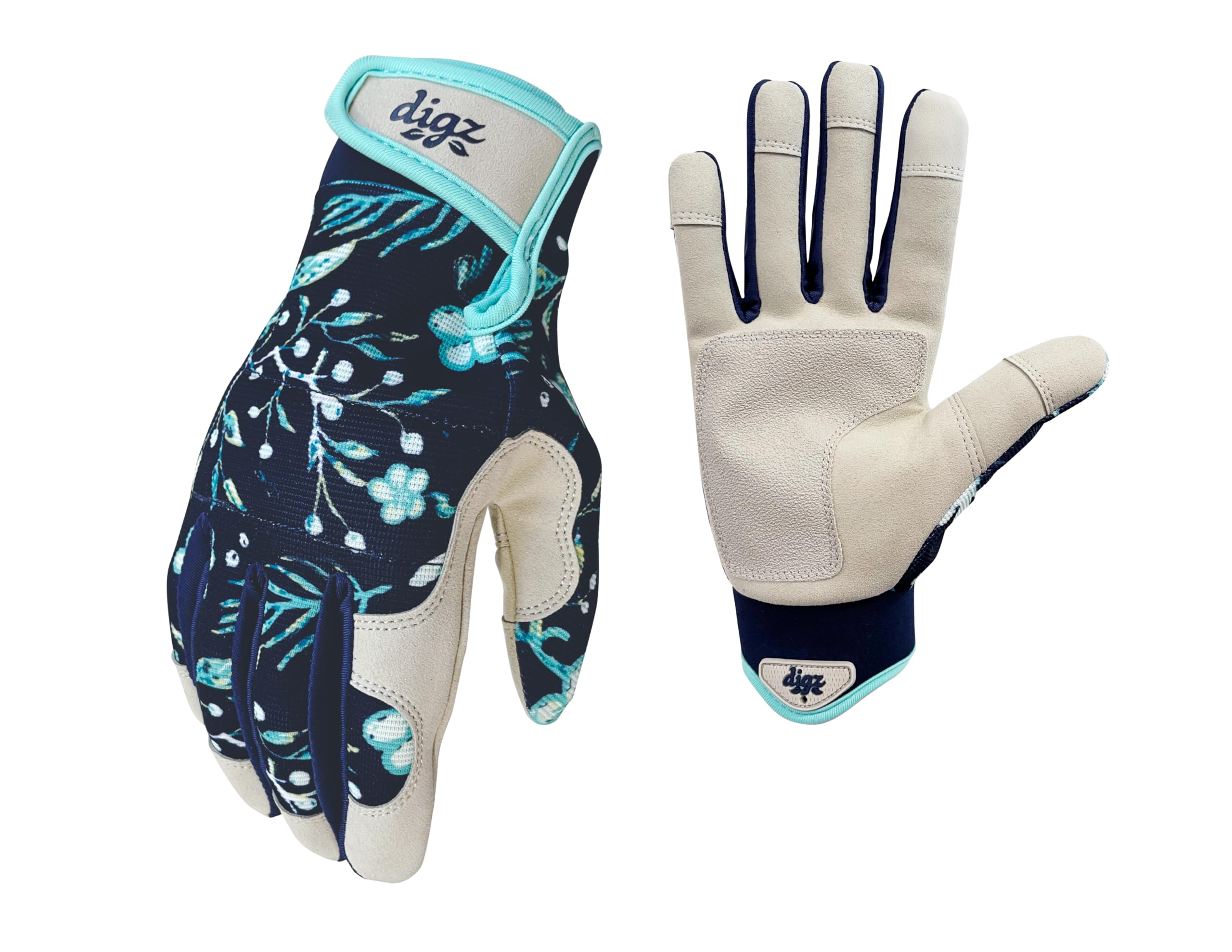 Front view of DIGZ gardening gloves in navy blue for women