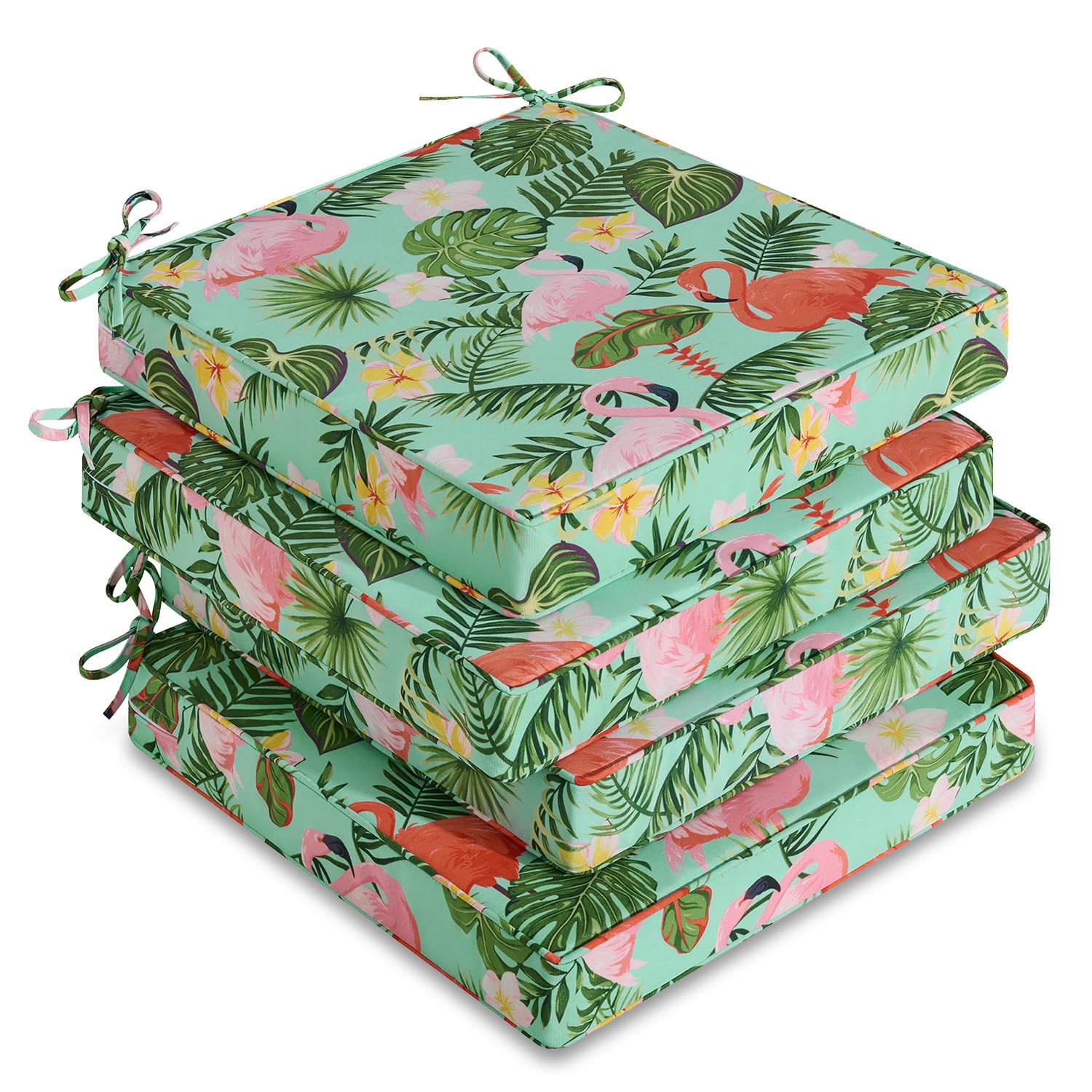 Front view of downluxe outdoor chair cushions in Tropical Flamingo