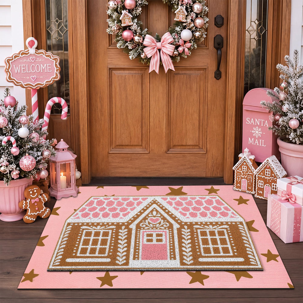 Front view of Drydiet Gingerbread Front Door Mat Set with pink gingerbread house design