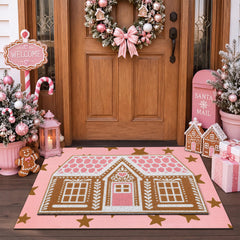 Front view of Drydiet Gingerbread Front Door Mat Set with pink gingerbread house design