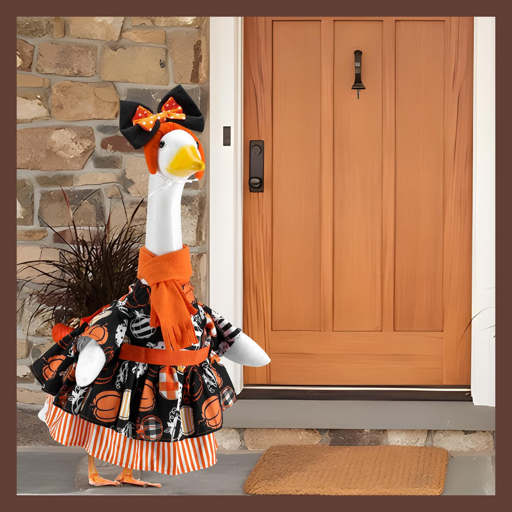 Front view of EKOREST Fall Pumpkins Porch Goose Outfit