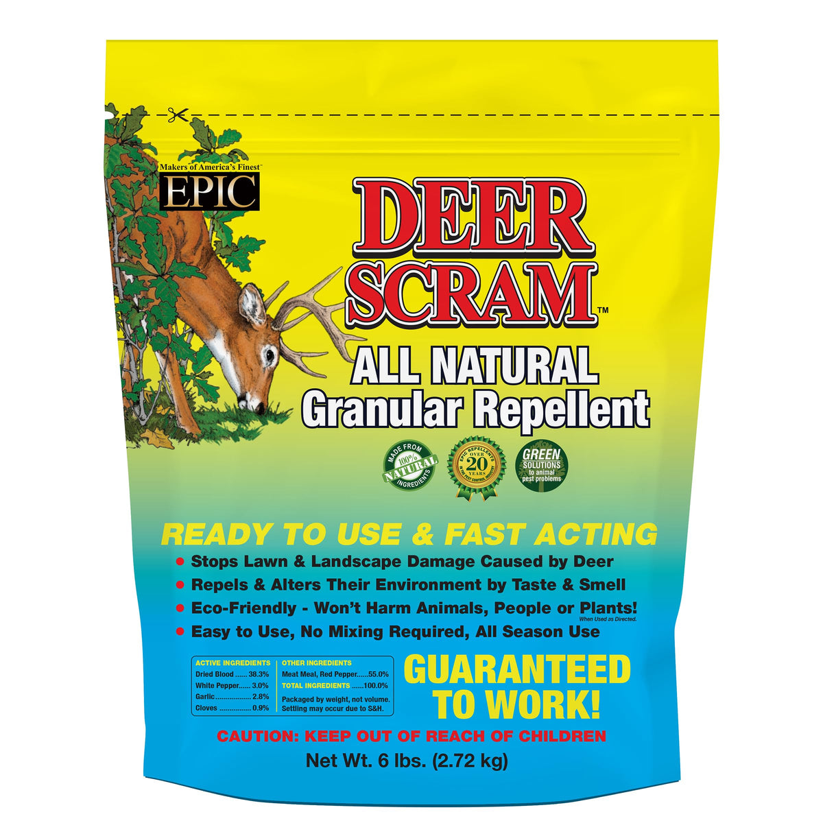 Front view of EPIC REPELLENTS Deer Scram All Natural Granular Repellent 6 lb bag