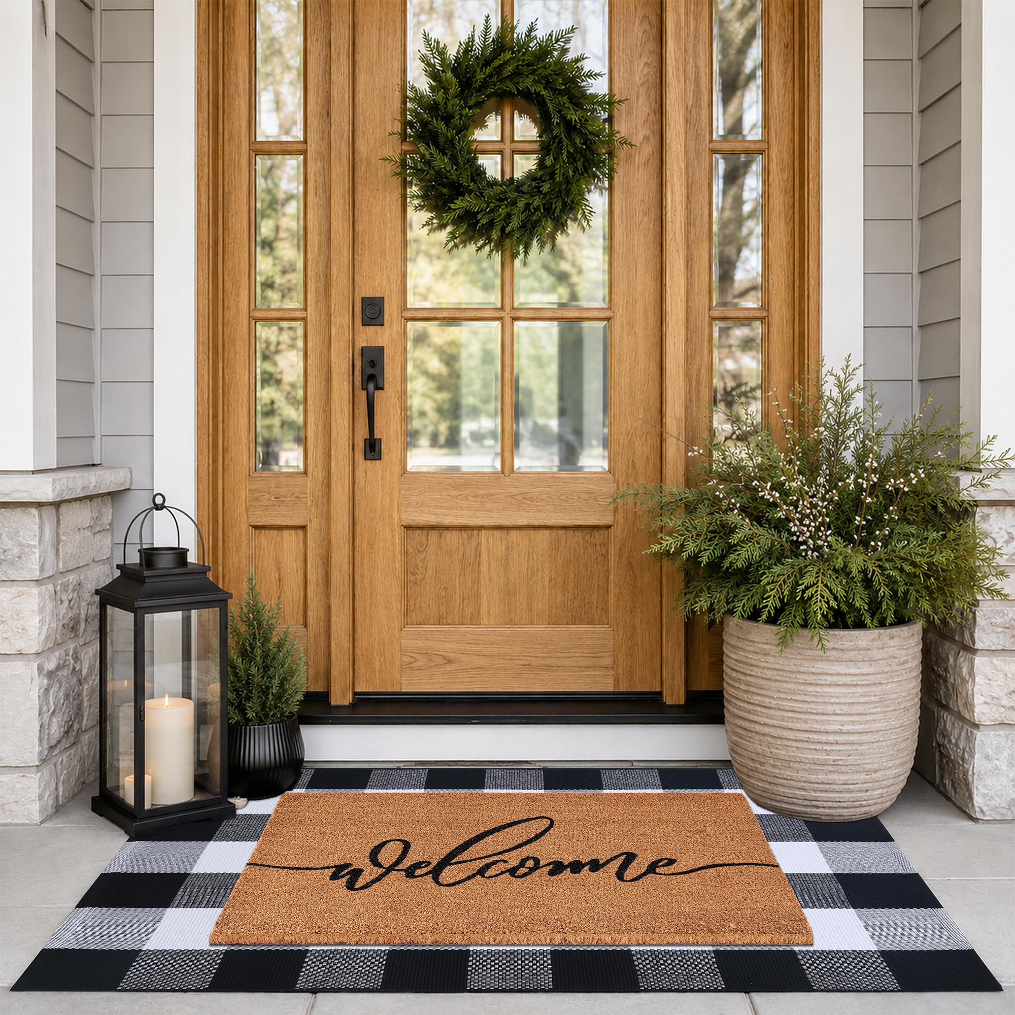 Front view of Fallovea Welcome Door Mat with black and white plaid rug