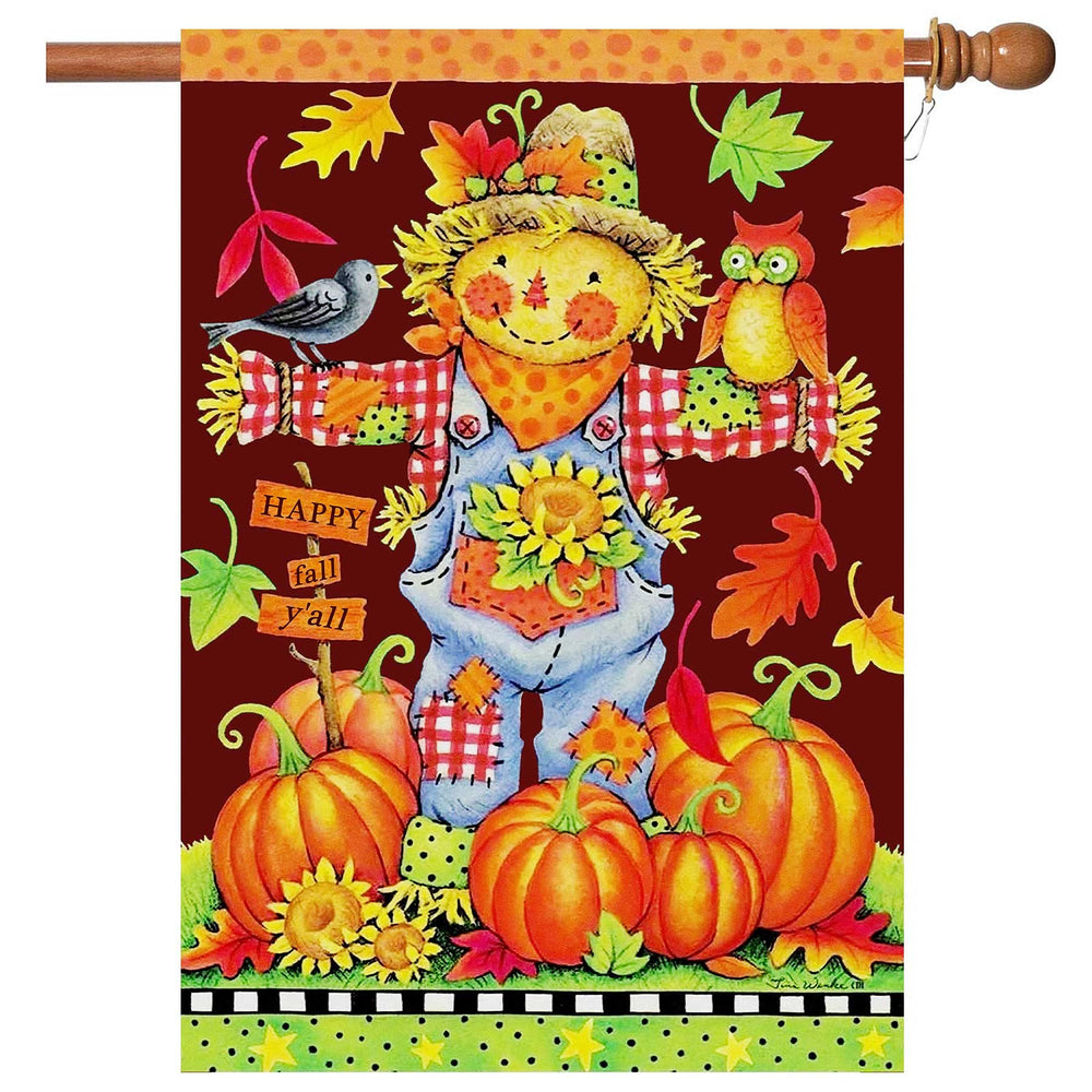 Front view of Flagmax Fall Garden House Flag featuring scarecrow and pumpkin