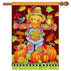 Front view of Flagmax Fall Garden House Flag featuring scarecrow and pumpkin