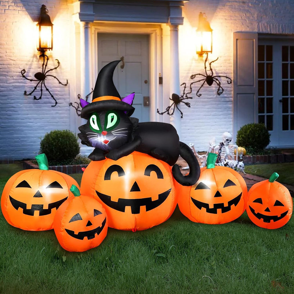 Front view of FunFanso 5FT Halloween inflatable pumpkin with black cat