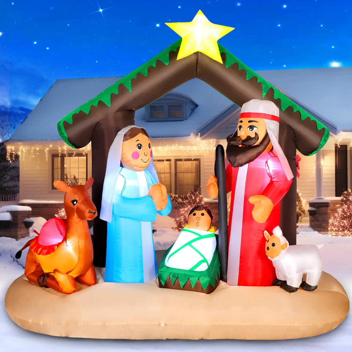 Front view of FunFanso 7FT inflatable nativity scene with LED lights