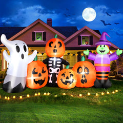 Front view of FunFanso 8 ft Halloween inflatable pumpkin and witch decoration
