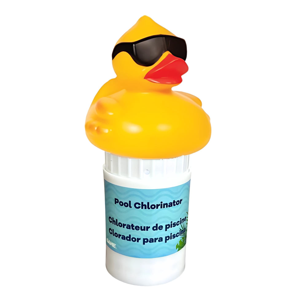 Front view of GAME Derby Duck pool chlorinator with expandable basket
