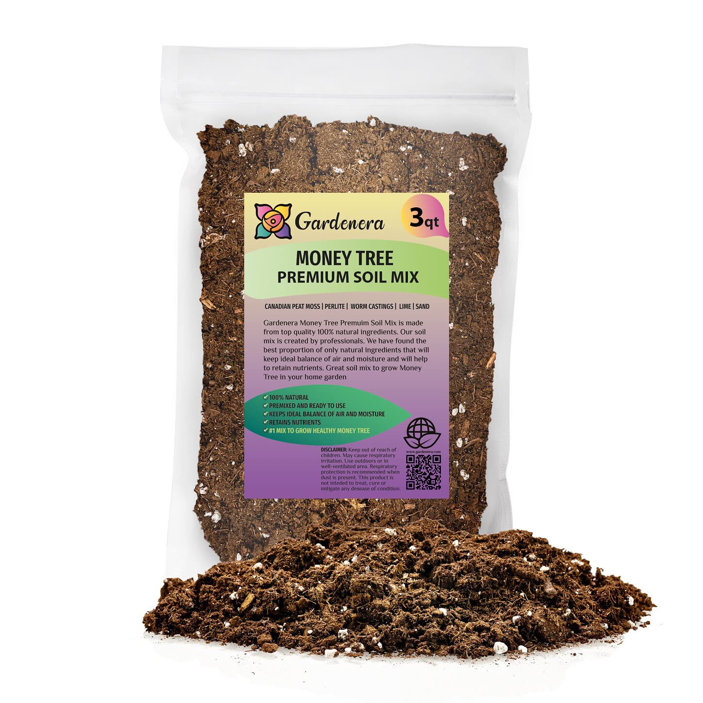 Front view of Gardenera Money Tree Potting Soil Mix 3 Quart bag