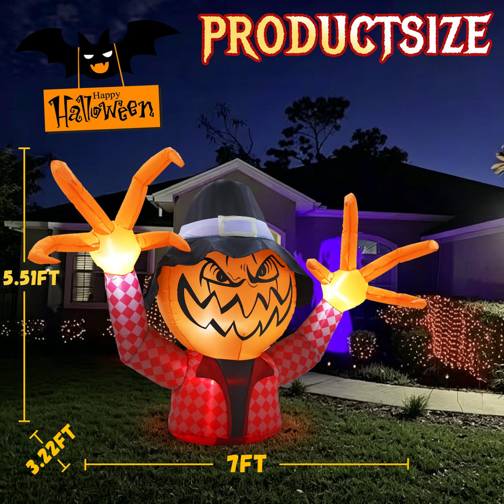 Front view of GIFTFIND Halloween Inflatable Pumpkin Monster in a garden setting