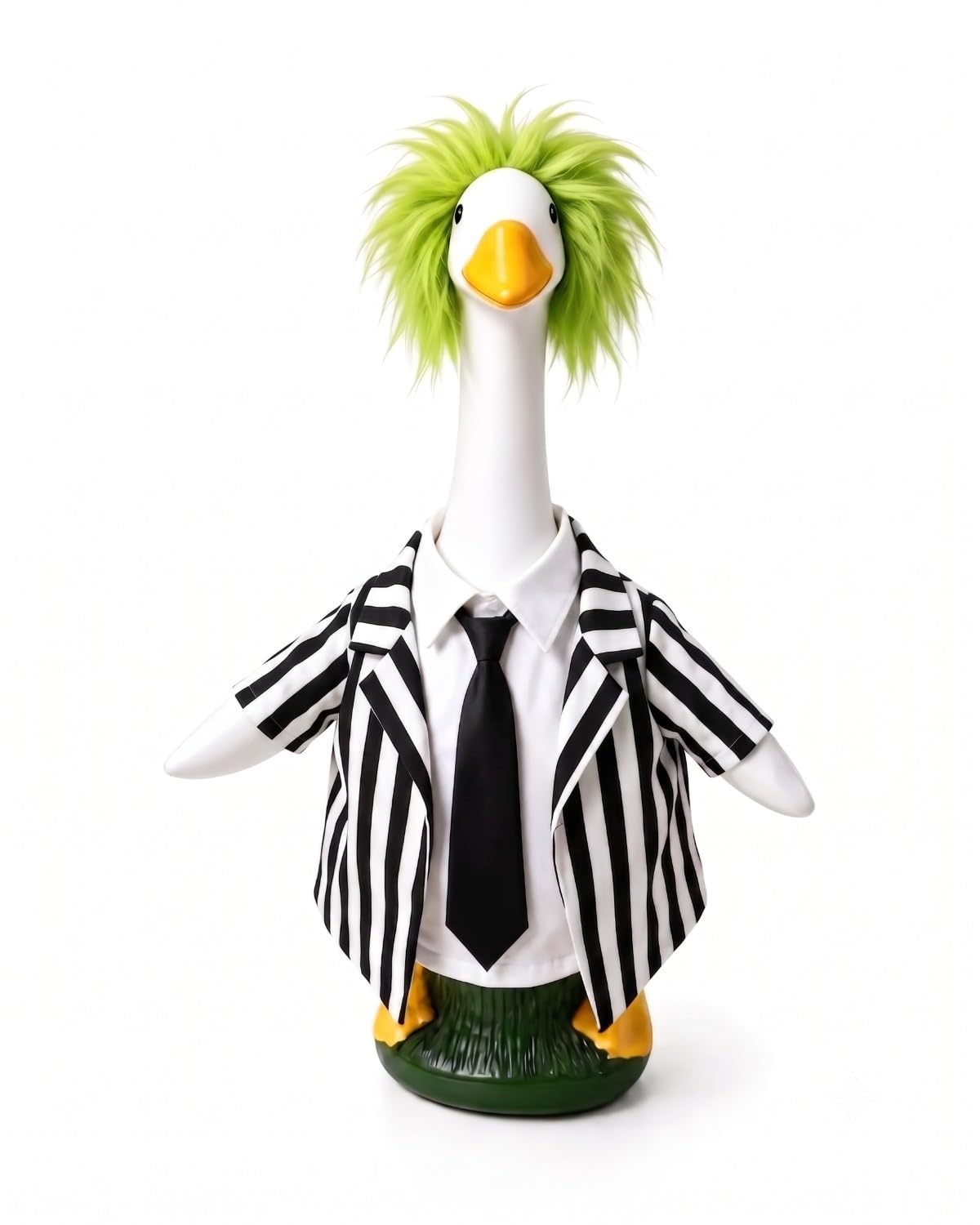 Front view of GigaCircle Halloween Porch Goose Outfit with striped suit