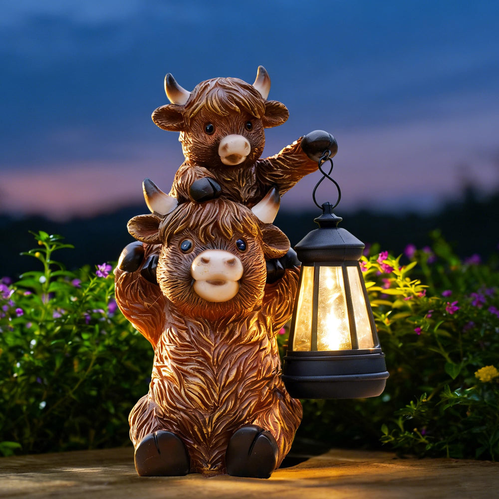Front view of Goodeco Highland Cow Garden Statue, brown resin