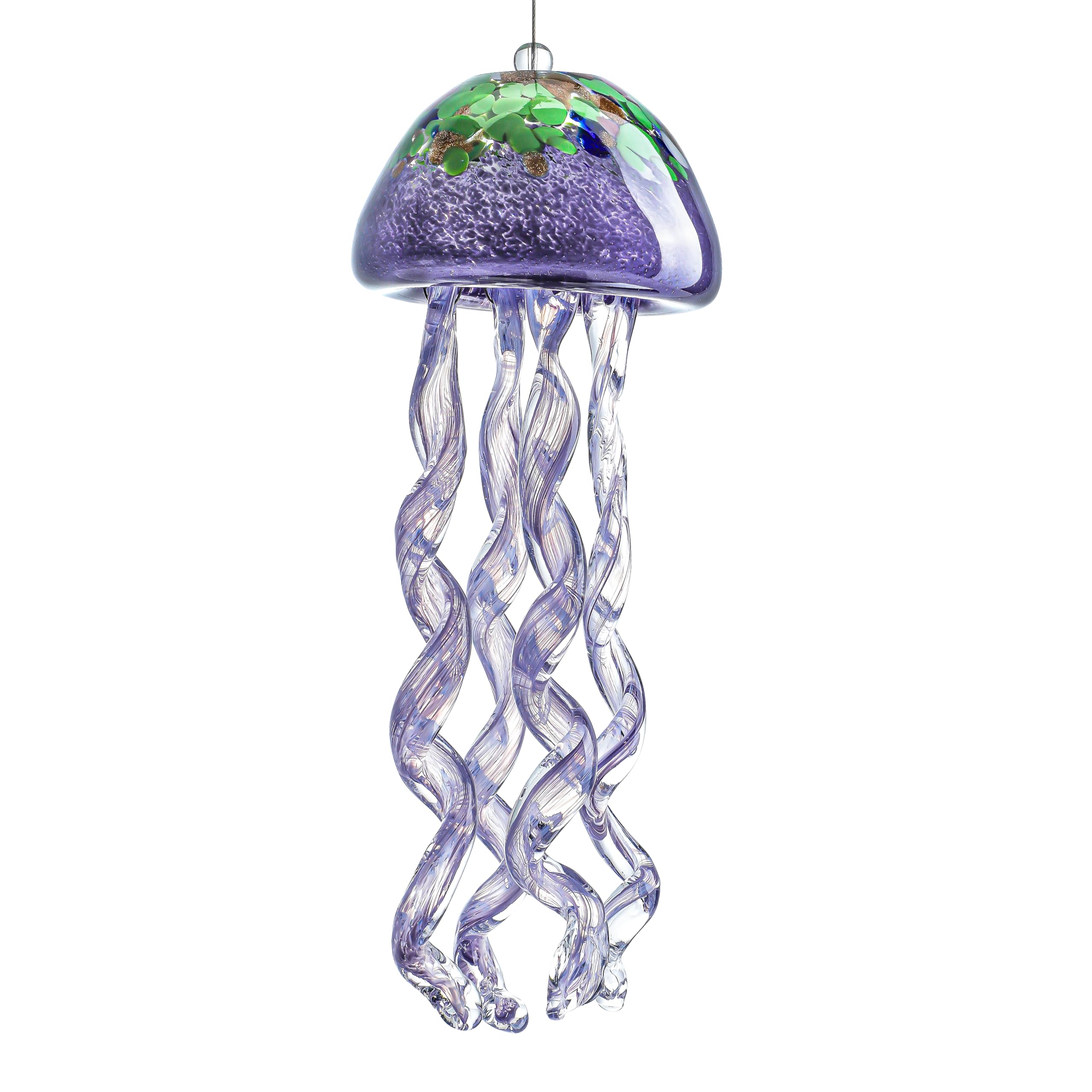 Front view of H&D HYALINE & DORA 14-inch purple sea glass jellyfish wind chime