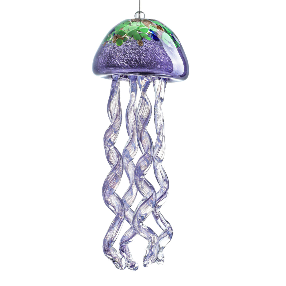 Front view of H&D HYALINE & DORA 14-inch purple sea glass jellyfish wind chime