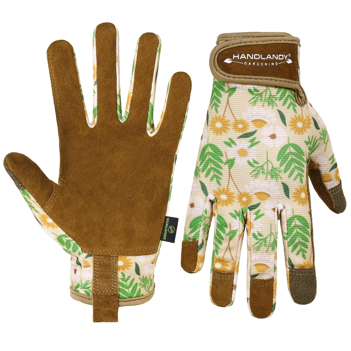 Front view of HANDLANDY gardening gloves in caramel colour