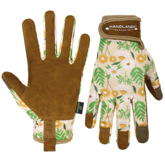 Front view of HANDLANDY gardening gloves in caramel colour